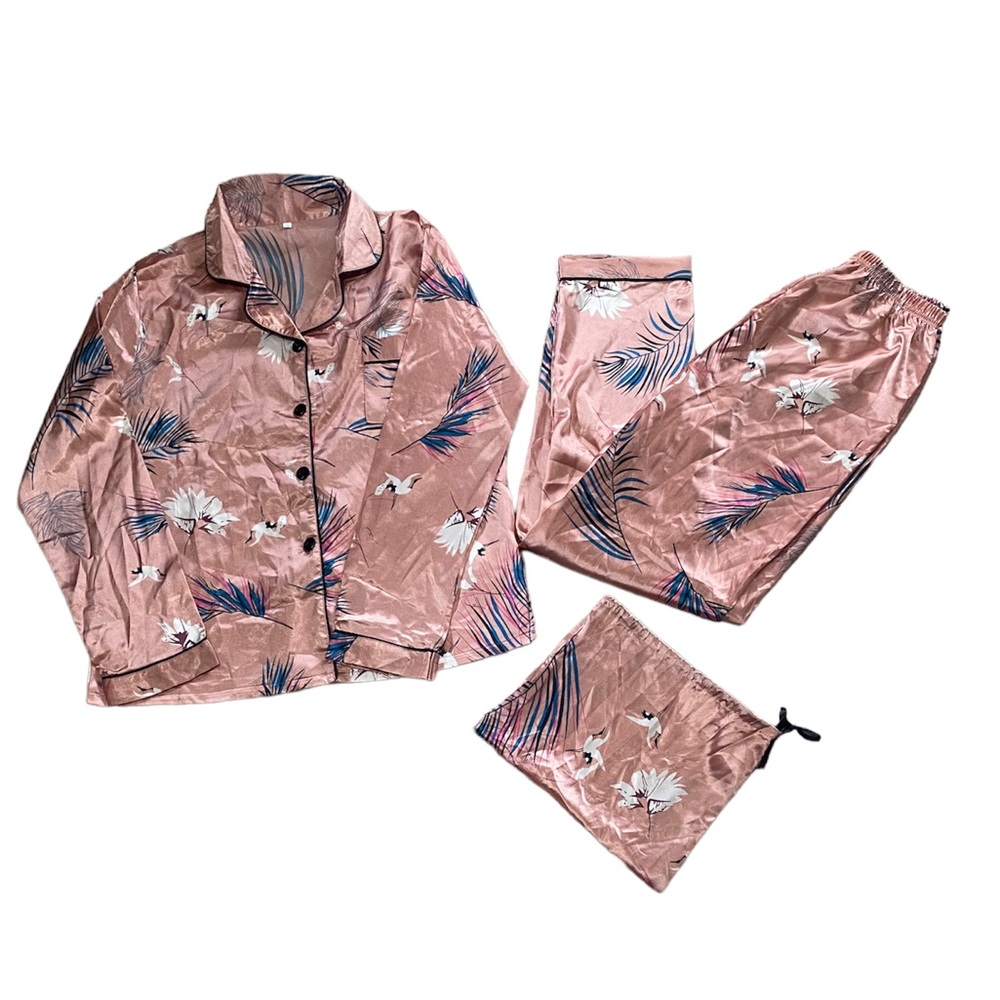 3 Piece Set Pink Silky Crane Graphic Print Pajamas with Travel Bag Shein - Picture 1 of 12